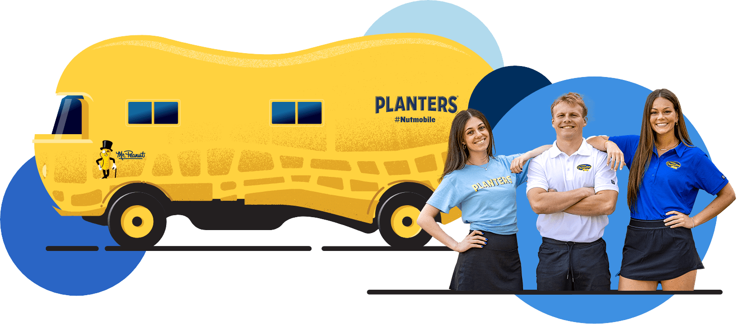 The 2025-2026 Class of Peanutters smiling in front of a illustration of the nutmobile