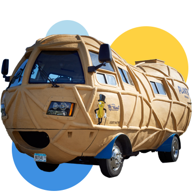 A side angle graphic of the Nutmobile in front of blue and yellow circles