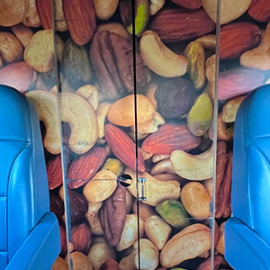 The interior back wall of the Nutmobile with mixed nut wallpaper