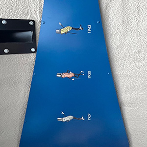 A blue timeline of the history of Mr. Peanut on the ceiling of the Nutmobile